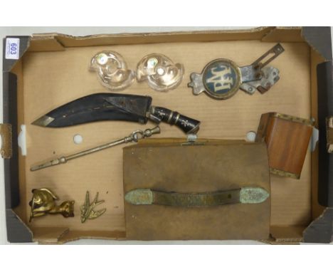 A Collection of Curios to include a Souvenir Kukri Knife, Galway Crystal Paperweights (one a/f), Novelty Brass Cat, Poker and