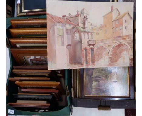 A Collection of Artworks including continental watercolour street scene by T. Wood, framed relief scenes behind glass, framed