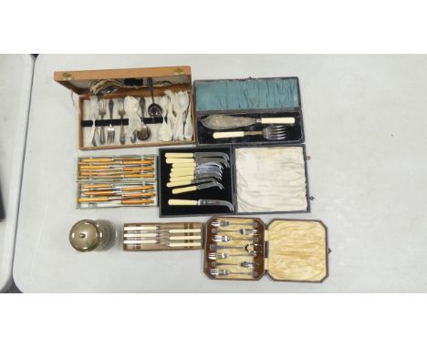 Selection of Boxed Cutlery to include Dessert Forks, Enamel Handle Knives, Cheese Knives and Serving Set. Etc (1 Tray)