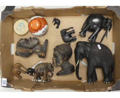 Two Tribal African Busk Wood Carvings, Selection of Black Ebony African Elephants of Various Sizes and Japanese Ginger Jar Et