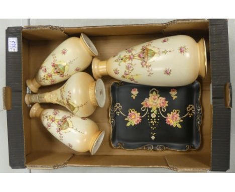 Crown Devon Fieldings, Four Blush Ivory Vases with Rose Garland Decoration and small transfer printed tray (5)