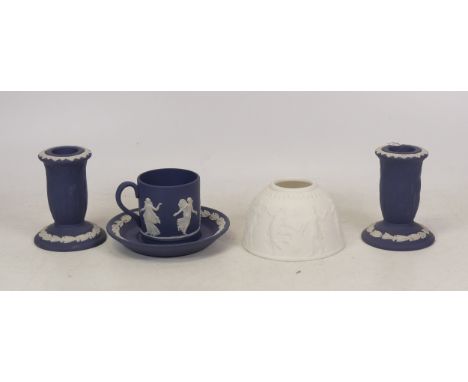Wedgwood, Four Jasperware items including Dark Blue Coffee Cand and Saucer, Candlestick together with a White Tealight Holder