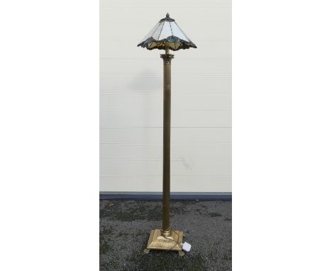 Tall Brass style lamp with shade in the style of 'Tiffany' Untested (150cm H)