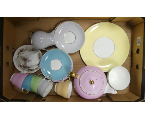 Wedgwood Bone China Pastel Mix Of Colours To Include Five Tea Cups, Six Saucers, Six Side Plates, Milk Jug, Sugar Bowl (A/F) 