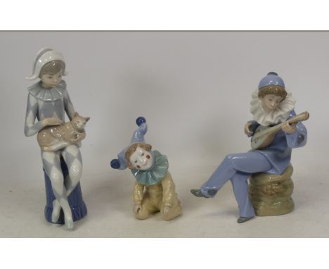 Three Nao by Lladro Porcelain 'Harlequin with Cat', 'Strumming with Pierott' and 'Small Jester Kneeling' (23cm H) (3)