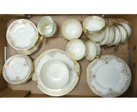 Royal Doulton Cream And Gilt China Tea Set To Include Tea Cups, Saucers, Large Sugar Bowl, Milk jug and Two sandwich Plates. 