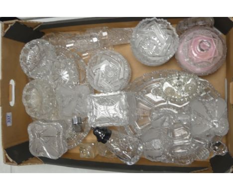 A Large Collection of Decorative Glass To Include Perfume Bottles, Sugar Sifter, Lidded Boxes, Dishes, Serving Platter, Glass