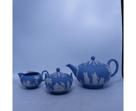 Wedgwood, Blue Jasperware Tea for One Set including Teapot, Milk Jug and Sugar Bowl (3)