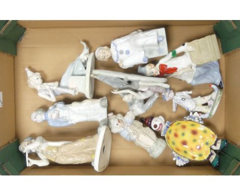 A Collection of Eight Lladro Type Ceramic Models of Clowns / Pierrot includes one glass pin dish. (1 Tray)