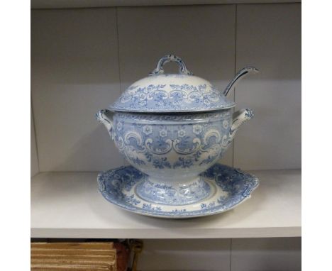 Blue and white Copeland soup tureen, underplate and ladle- 1 tray