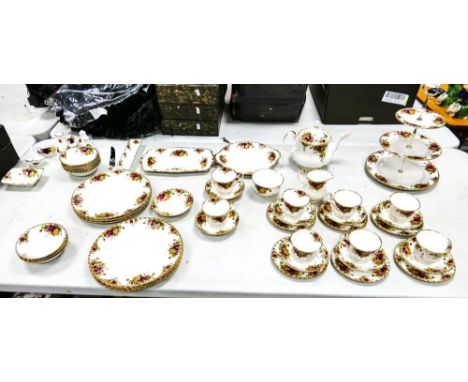 A large collection of Royal Albert Old Country rose patterned items to include, Teapot, Sandwich Plate, 3 tier Cake stand, 6 