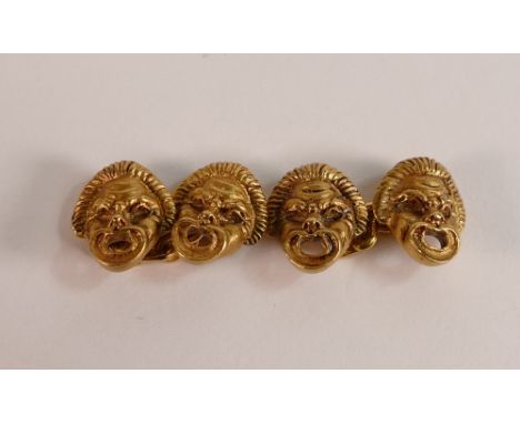 Pair yellow metal cufflinks depicting Aboriginal type mask heads, Electronically tested to be 18ct gold,11g.