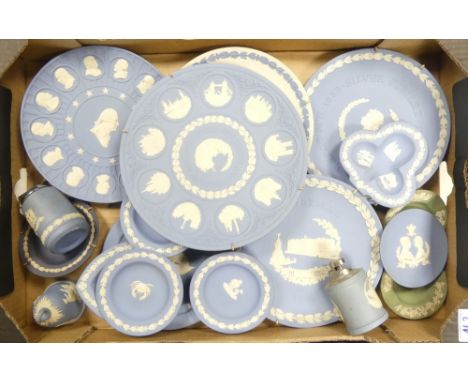 Wedgwood, A Collection Blue Jasperware Plates including christmas plate together with pin dishes, lighter etc. (1 Tray)