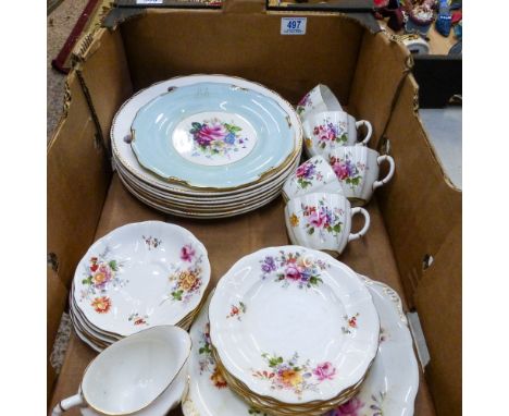 Royal Crown Derby Part Tea Set To Include Five Cups, Six Saucers, Six Side Plates, One Sandwich Plate  Decorative Floral Plat