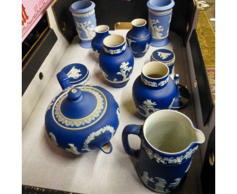 A collection of Wedgwood jasperware including 19th century dark blue Teapot, vases, dressing table set, later light blue jasp