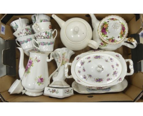 A Mixed Collection of Teaware including Royal Albert Violetta Tureen (seconds), Old Country Roses Teapot, Wedgwood Creamware 