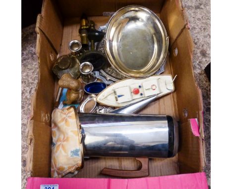 Selection of items to include brass microscope, metal toy boat, two silver plated trays and Russell Hobbs Coffee Percolator. 