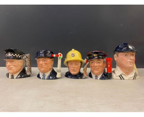 Royal Doulton, Five Small Character Jugs The Policeman, The Postman, The Engine Driver, The Fireman and The Hampshire Cricket