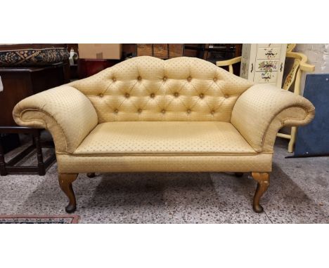 Modern Upholstered Small Settee. Gold threaded fabric with Buttoned Back on Queen Anne legs. Height: 75cm Length: 132cm Depth