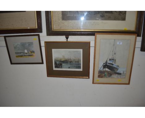 A watercolour study depicting a moored boat; a coloured print of Orford Castle and another of Woodbridge tide mill