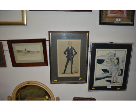 A Vanity Fair spy print; a small watercolour study of a windmill and a study of a pilot
