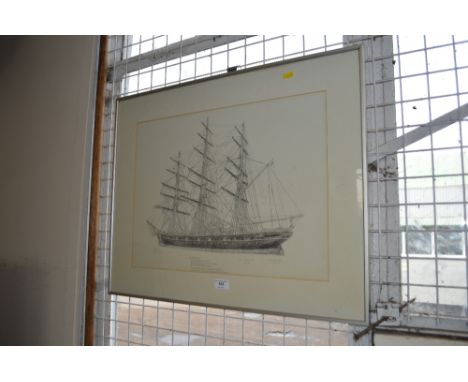 A black and white print of the Cutty Sark