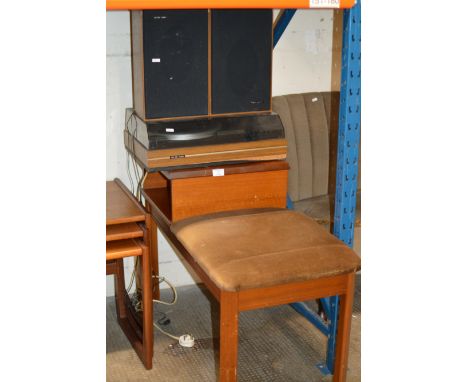 TEAK TELEPHONE SEAT, VINTAGE TURNTABLE &amp; PAIR OF SPEAKERS     