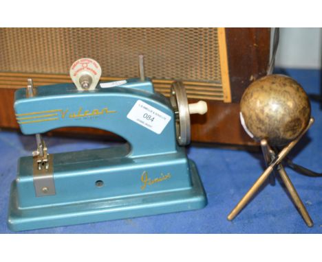 VINTAGE VULCAN JUNIOR SEWING MACHINE &amp; SILVER BOWLING JACK ON STAND     