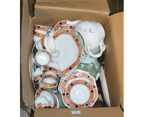 BOX WITH VARIOUS TEA WARE, WOODEN LAMP, DECORATIVE DISH ETC     