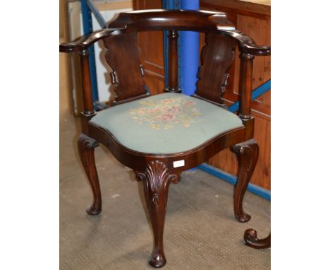 REPRODUCTION MAHOGANY CORNER CHAIR WITH TAPESTRY SEAT     