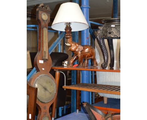 COMBINATION BAROMETER, WOODEN ELEPHANT LAMP &amp; ORIENTAL STYLE PLANT STAND     