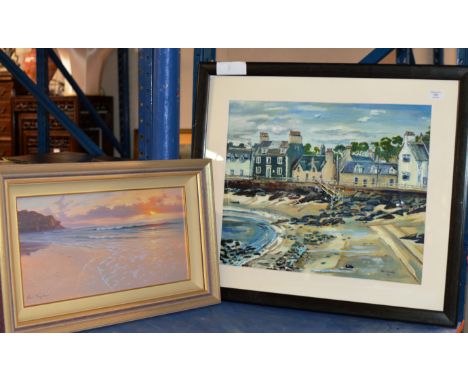 17½" X 21½" FRAMED OIL PAINTING - OUTGOING TIDE, PORT PATRICK SEA FRONT, BY ROSS MELVILLE &amp; FRAMED SEASCAPE ON BOARD BY D