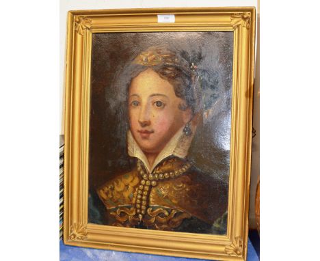 17½" X 13" OLD GILT FRAMED OIL ON PANEL - PORTRAIT OF A LADY, UNSIGNED
