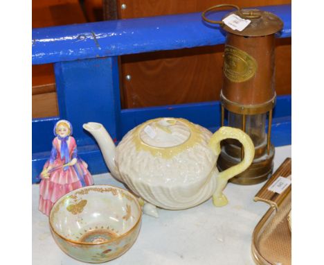 MINERS LAMP, BELLEEK PORCELAIN TEAPOT, CROWN DEVON LUSTRE BOWL &amp; ROYAL DOULTON FIGURINE     