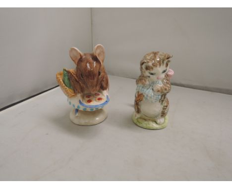 Two Beswick Beatrix Potter figures, Appley Dapply, bottle out and Miss Moppett, mottled cat, both BP3B