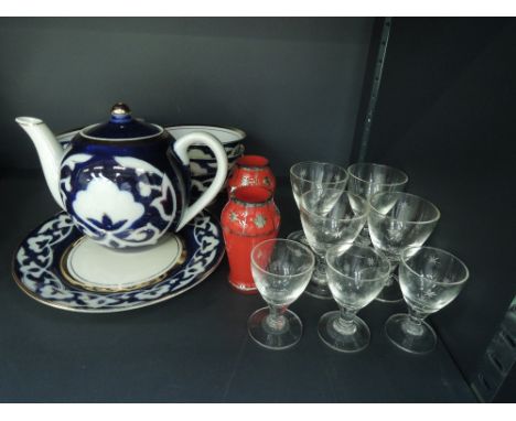 A Russian blue and white part tea service, Italian glass and Venetian red miniature vases having white metal overlay