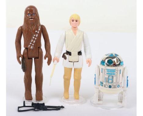Three Vintage Star Wars First Wave Action Figures, Artoo-Detoo (R2-D2)  @ GMFGI 1977 Hong Kong,  Chewbacca with Bowcaster @ G