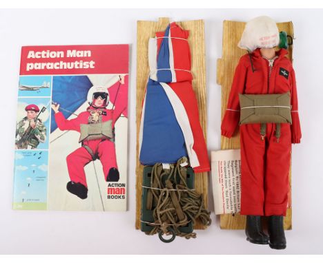 Action Man 1st issue Red Devil Parachutist Outfit, Cat No. 94034121, circa 1967,parachute and pack, jump suit, crash helmet, 