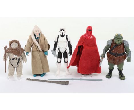 Five Vintage Star Wars Return of The Jedi First Wave Action Figures, Bib Fortuna with light tan cloak, belt, and battle staff