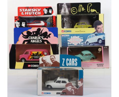 Five Corgi Tv Film Related Models, CC00201 Starsky & Hutch Ford Gran Torino,CC87501 Charlies Angels Van, 04438 Mr Bean Mini &