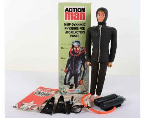 Palitoy Action Man Boxed Vintage Frogman circa 1980 Cat No.34083, blond flocked hair doll with eagle eyes, gripping hands, fl