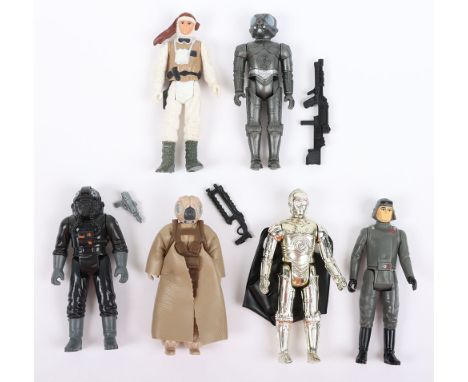 Six Vintage Star Wars Action Figures, AT AT Commander @ L.F.L 1980 Hong Kong, Luke Skywalker Hoth outfit, @1980 L.F.L made in