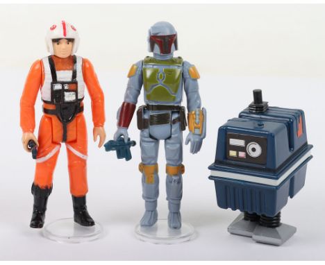 Three Vintage Star Wars Second Wave Action Figures, Luke Skywalker X-Wing Pilot, with Rebel blaster @GMFGI 1978 Hong Kong, Po