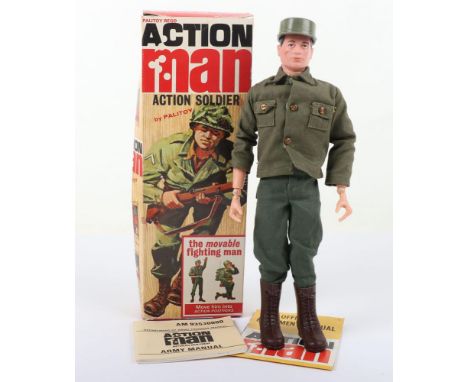 Boxed Vintage Palitoy Action Man Action Soldier, Cat no. 93530000, on a near mint black hair painted doll, one small crack to