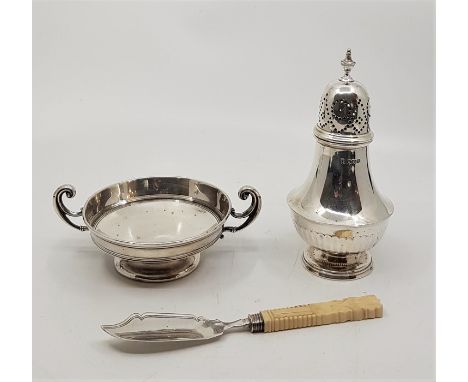 A silver circular baluster form sugar caster, by Thomas Bradbury &amp; Sons Ltd, Sheffield 1929, height 14.5cm, together with