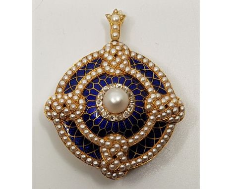 A fine 19th century precious yellow metal, guilloche enamel, diamond and pearl set mourning pendant/brooch, of domed circular