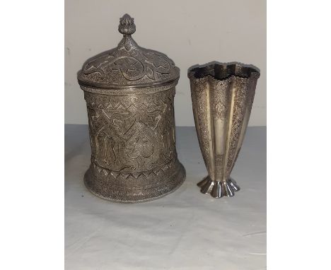 An Islamic interest white metal tea caddy and a white metal Isfahan vase