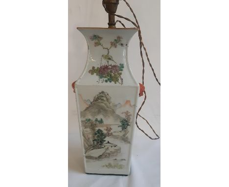 A 20th cent Famille rose vase converted to a lamp, faults