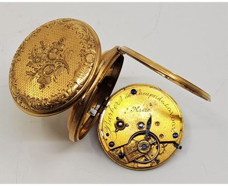 A Victorian 18ct. gold Barber (London) open face pocket watch, key wind, having engraved and engine turned dial with Roman nu