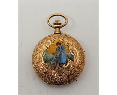 A 14ct. gold and enamel ladies' hunter pocket watch, crown wind, having white enamel Arabic numeral dial with gold Louis XIV 